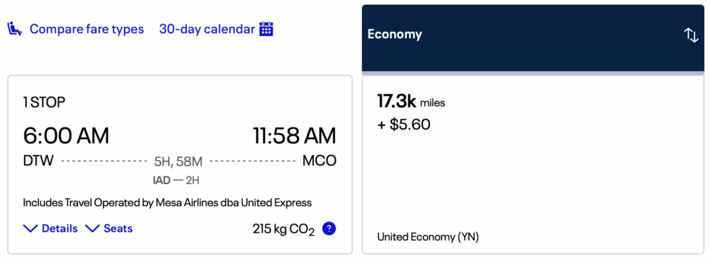 Detroit one stop to Orlando on United Airlines.